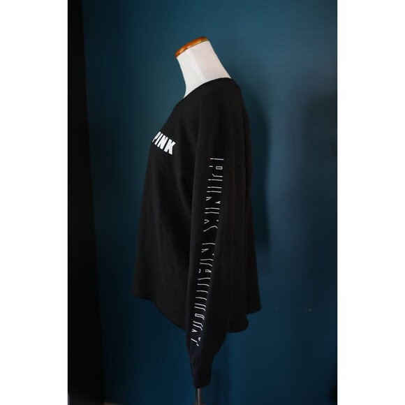 Victoria's Secret PINK Nation Black Crew Sweatshirt w/White Logo Raw Hem Large - Picture 4 of 10
